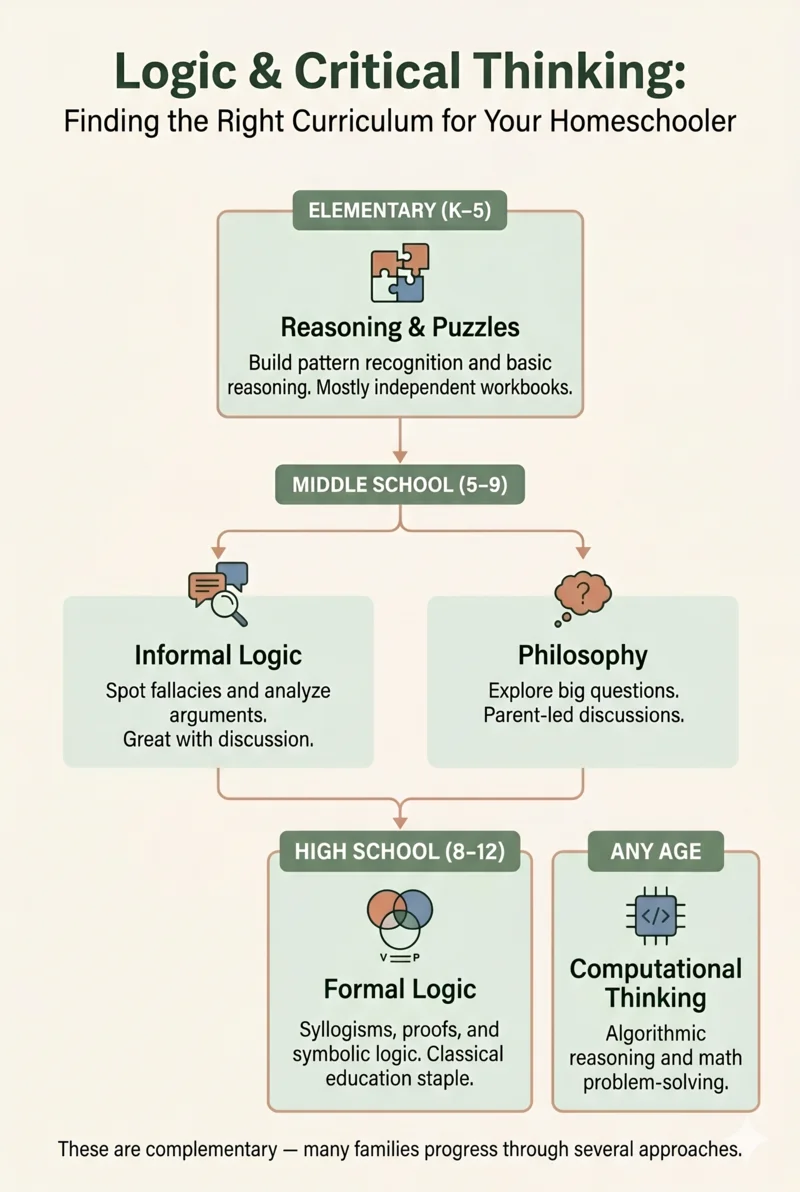 Logic & Critical Thinking: Finding the right curriculum for your homeschooler — flowchart showing progression from elementary reasoning and puzzles through middle school informal logic and philosophy to high school formal logic, plus computational thinking at any age